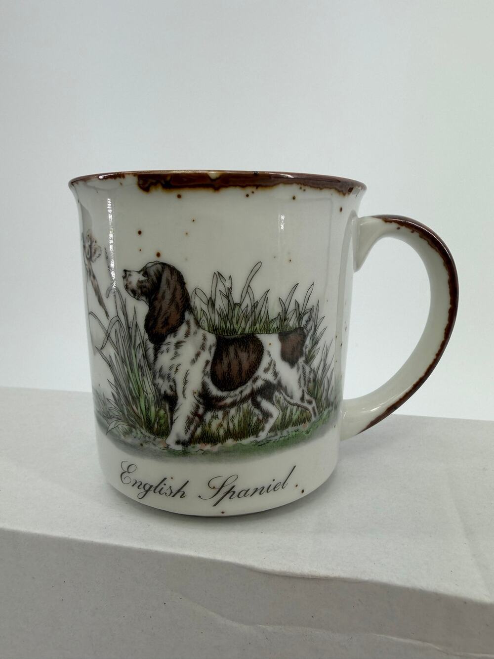 stoneware mug, English Spaniel hunting scene, vintage